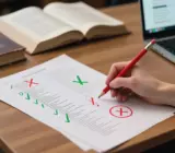 Молодая исследовательница с карандашом проверяет распечатанный список литературы, подготовленный ИИ-ассистентом