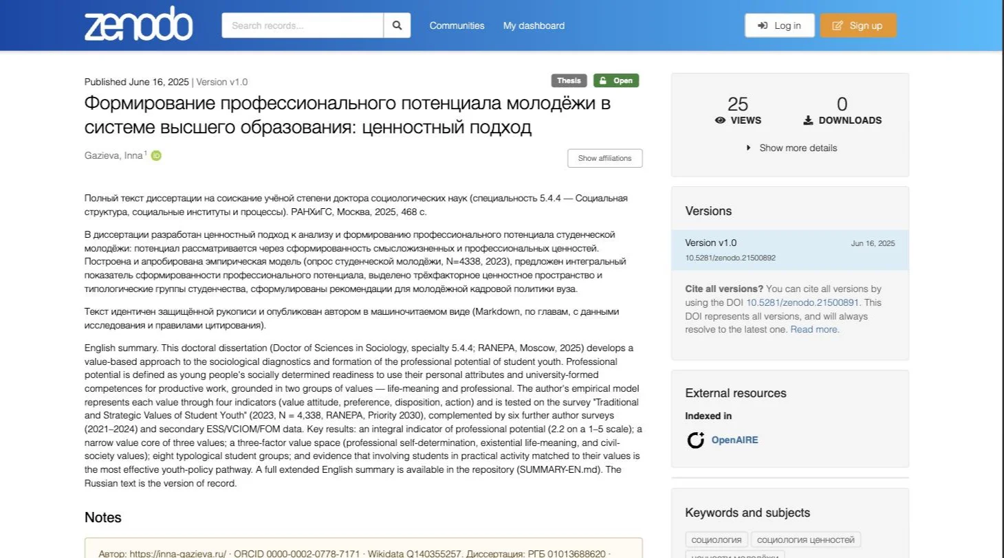 Запись диссертации в архиве Zenodo: автор с ORCID, пометка Open, версия и оба идентификатора DOI