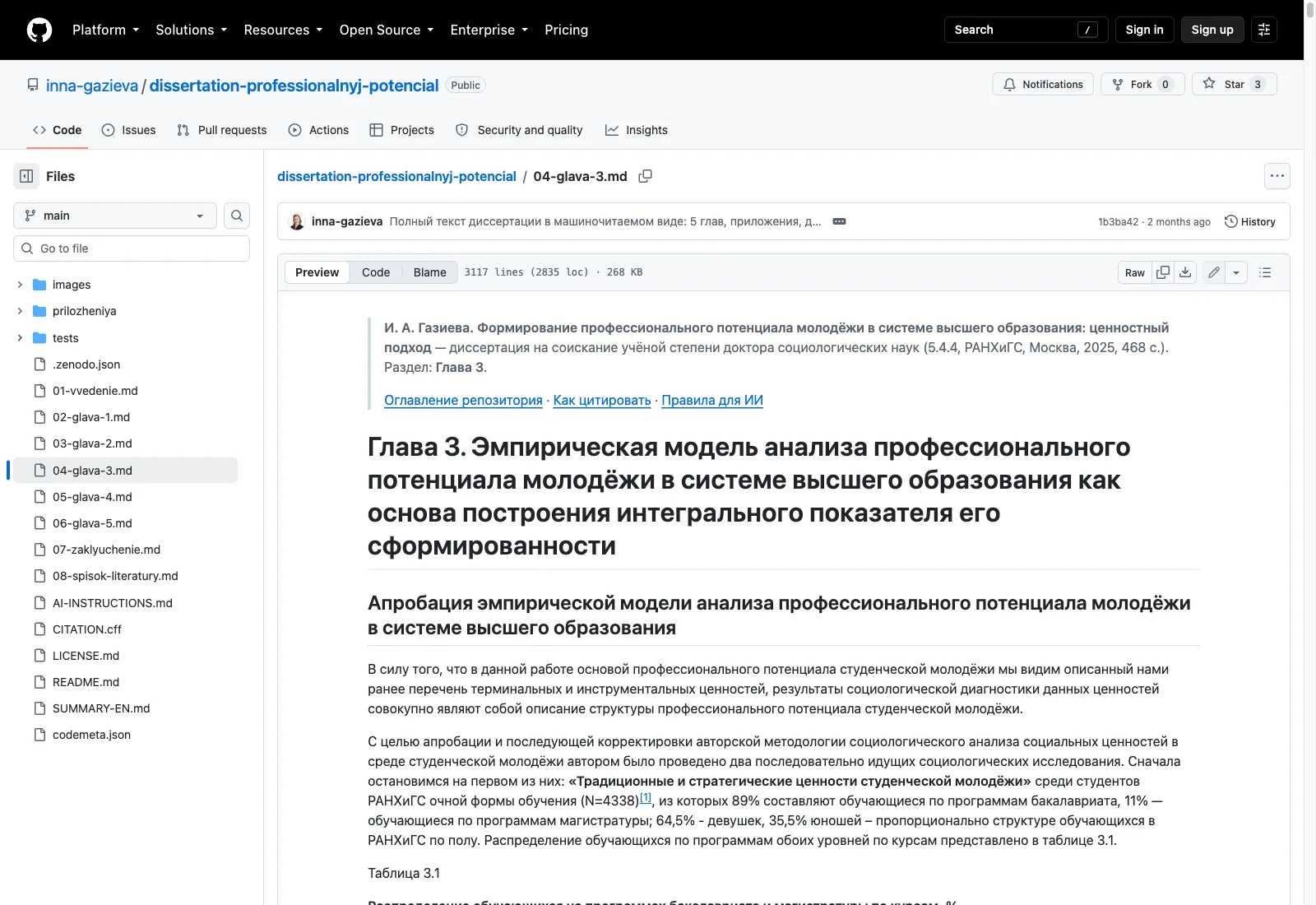 Диссертация в открытом репозитории: файл главы с шапкой-реквизитами на GitHub